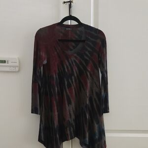 Nally & Millie Long-Sleeve Tie-Dye V-Neck Tunic - Burgundy, Navy, Gray, Brown